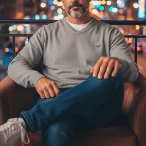 Lacoste Size 7 Light Gray Cotton Long Sleeve V Neck Pullover Sweater Mens XXL